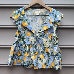 Maeve Anthropologie Lemon Print Blue & Yellow Babydoll Floral Blouse Dainty XXS
